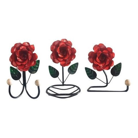 Kit 3 Peças para Banheiro com Flores em Ferro:vermelho