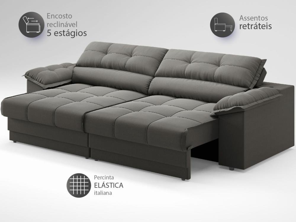 Sofá com Carregador Usb e Molas no Assento Retrátil Reclinável Mimo 2,00m Velosuede Cinza - Netsofas - 4