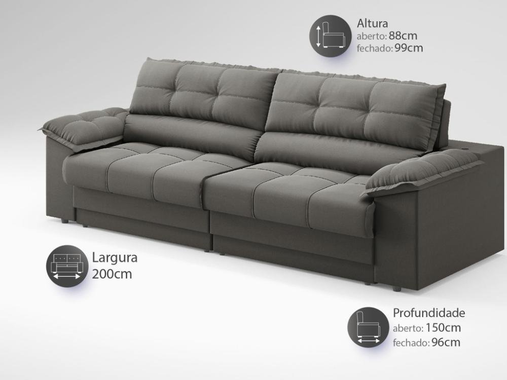 Sofá com Carregador Usb e Molas no Assento Retrátil Reclinável Mimo 2,00m Velosuede Cinza - Netsofas - 2