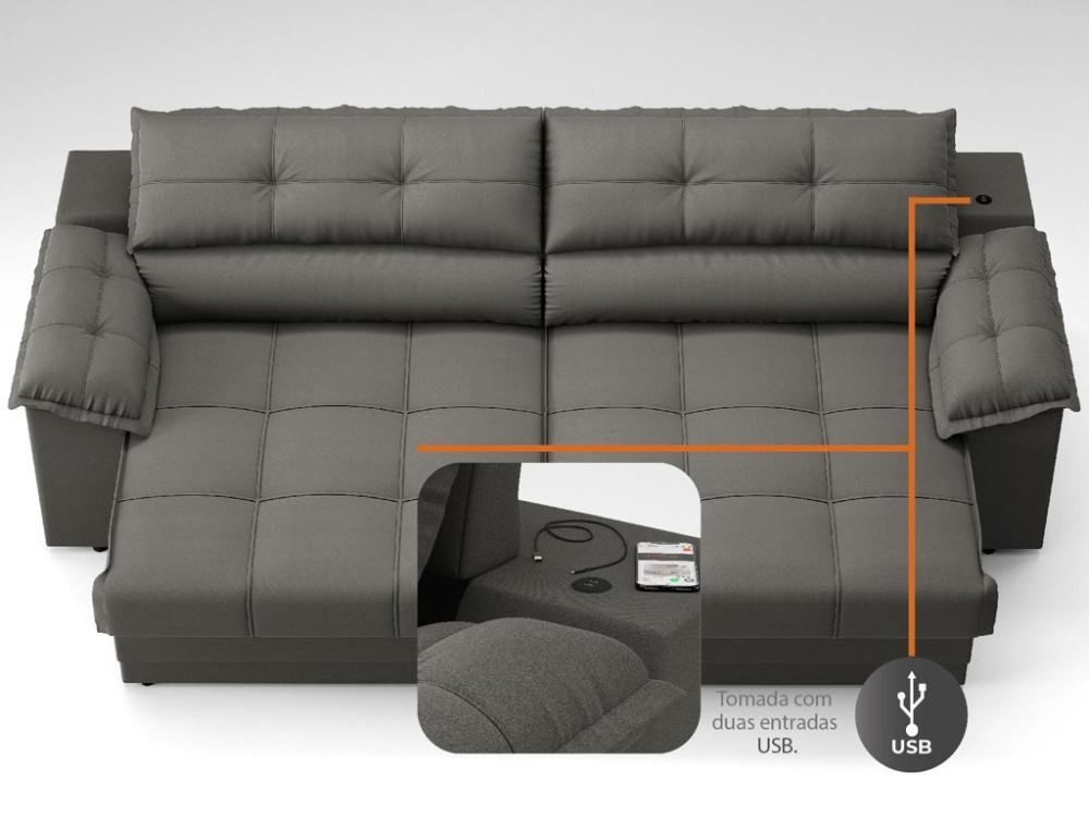 Sofá com Carregador Usb e Molas no Assento Retrátil Reclinável Mimo 2,00m Velosuede Cinza - Netsofas - 6