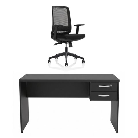 Kit Mesa de Escritório 140x60cm com Gaveta + Cadeira Netflex Ergonômica