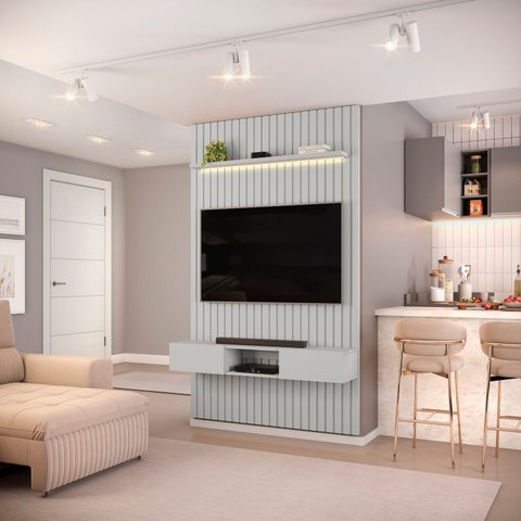 Painel para Tv até 60 Polegadas 240cmx143cm Ripado com Nicho e LED Trento
