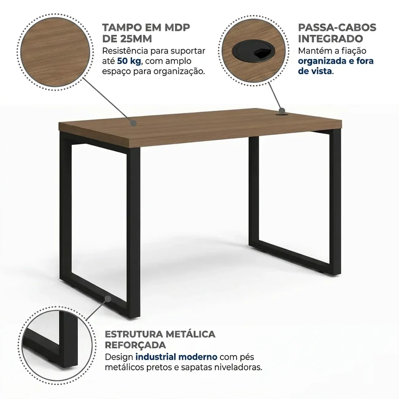 Escrivaninha Mesa para Escritório Industrial com Passa-Cabos 120x70cm Office Carvalho/Munique Marrom - 4 Escrivaninha Mesa para Escritório Industrial com Passa-Cabos 120x70cm Office Carvalho/Munique Marrom - 4