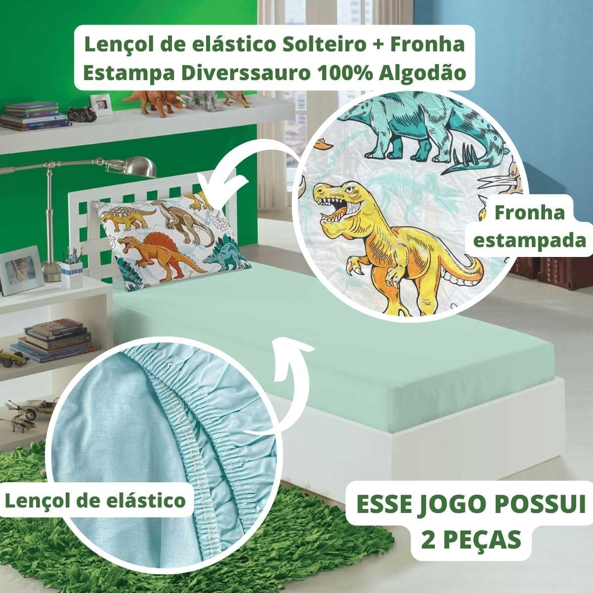 Jogo Cama Dinossauro 100% Algodao Estampado 88x188x30cm - 4