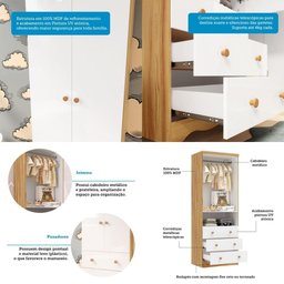 Guarda Roupa Infantil 2 Portas 3 Gavetas 100% Mdf Smim New Móveis Peroba Branco Brilho/amêndoa - 4
