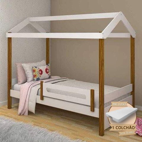 Cama Solteiro Montessoriana Casinha Eliz Com Colchão E Grade De Proteção - Branco/Mel - Cor: