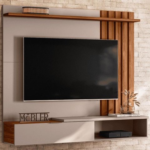 Home Suspenso Vegas 1,60m Tvs 65'' Porta Basculante Nichos Painel Lateral Ripado -grigio Fosco /