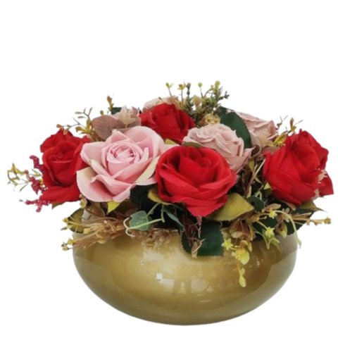 Arranjo com Rosas Delicadas Mistas no Vaso Dourado de Vidro