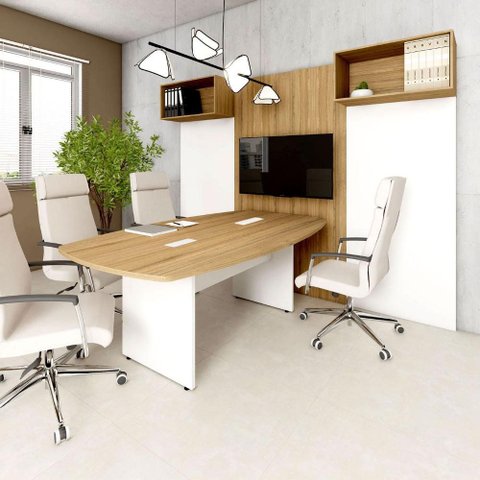Mesa Reunião 270cm x 110cm Pé Painel com 2 Caixas para Tomadas F5 Office Cor:Macadâmia com Branco