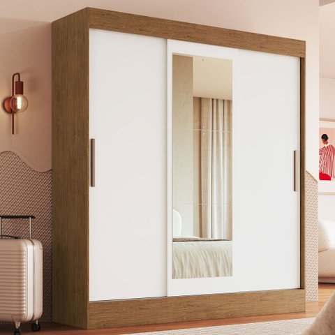 Guarda-roupa Casal Londes 3 Portas 2 Gavetas com Espelho 100% Mdf Off White/nogueira - Doripel Móvei