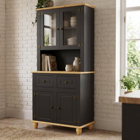 Kit Cozinha 4 Portas 2 Gavetas Retrô MDF Pés em Madeira Maciça 91,5cm Joy Yescasa Preto/Natural