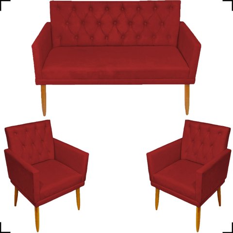 Kit Namoradeira Decorativa Para Sala Capitonê Com Base + 2 Poltronas Para Recepção Suede