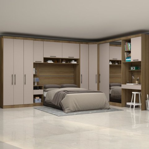 Quarto Modulado Casal de Canto 8 Peças 11 Portas Paris Luciane - Avelã/cinnamon