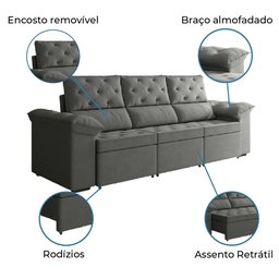 Sofá Retrátil York 3 Lugares 2,10m Suede - 4