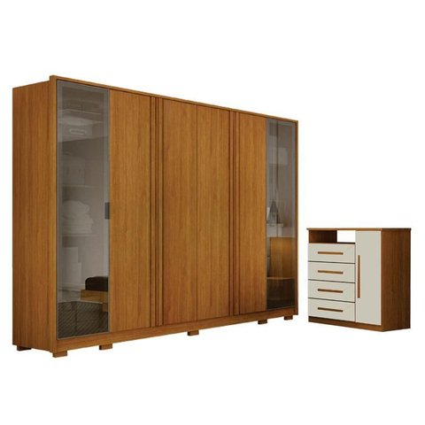 Guarda Roupa Casal Prime 6 Portas com Cômoda Diamante 4 Gavetas 1 Porta Cinamomo Off White – Leifer