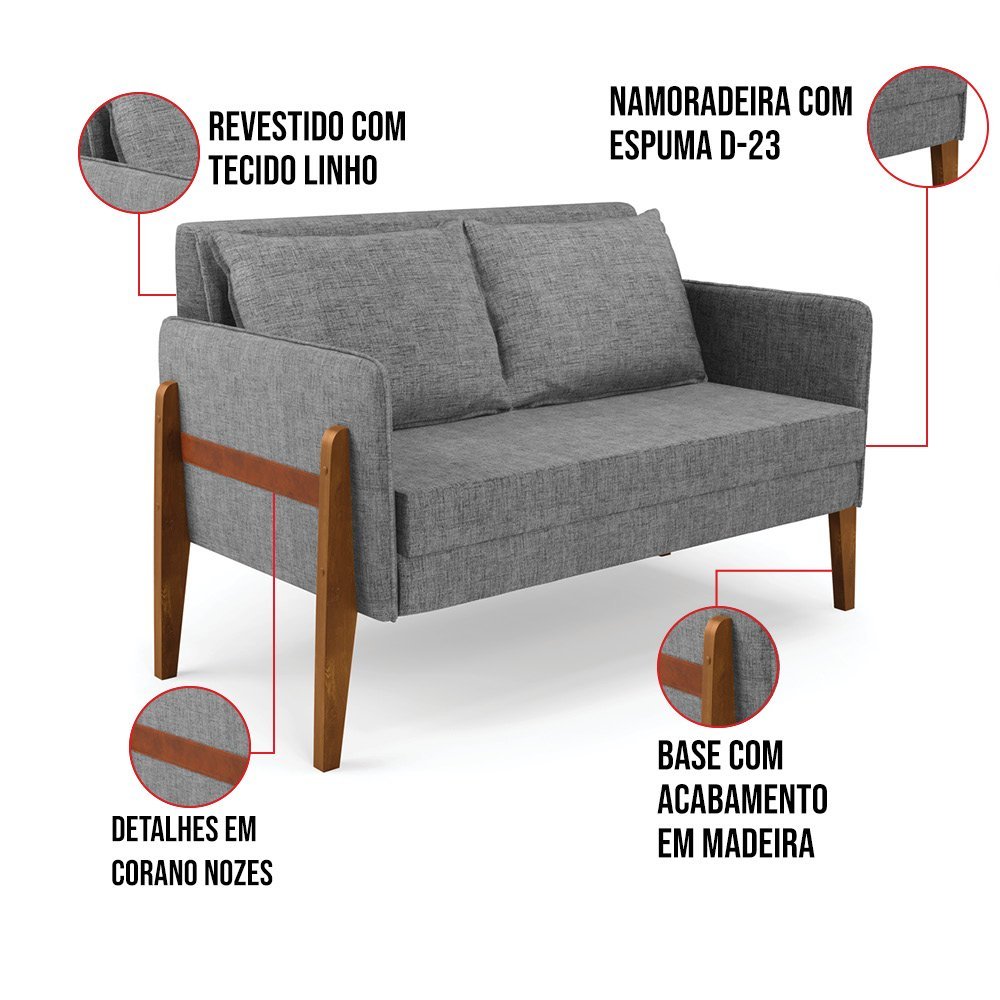 Sofá Namoradeira Lana Linho Grafite A26 Base de Madeira - D'Rossi DRossi - 6