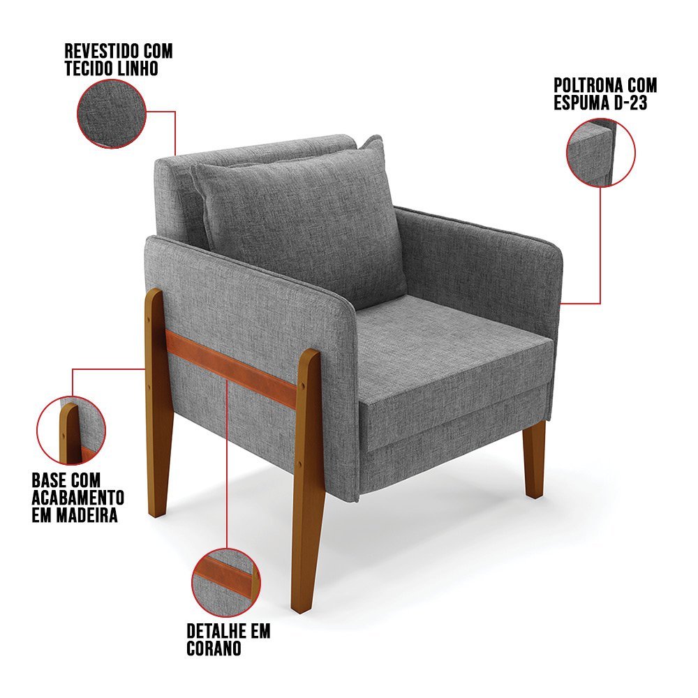 Sofá Namoradeira Lana Linho Grafite A26 Base de Madeira - D'Rossi DRossi - 20