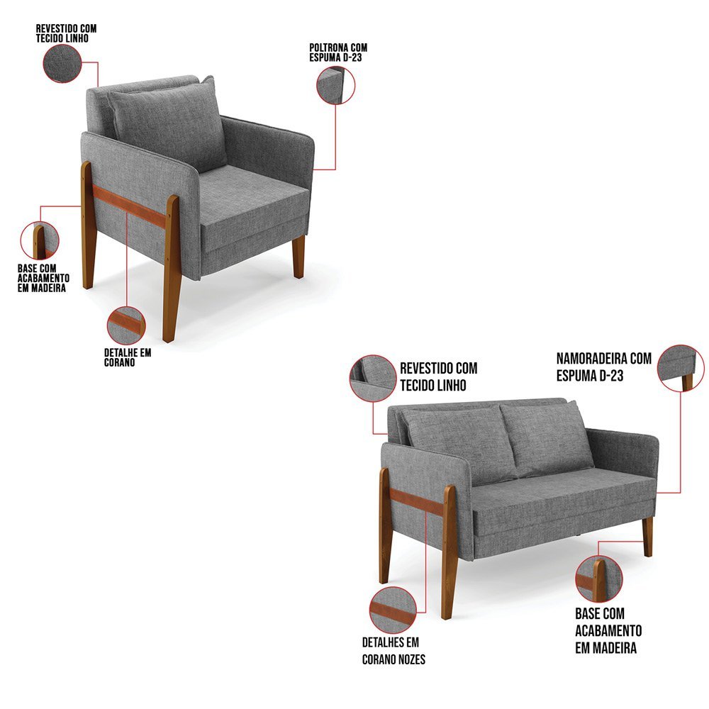 Sofá Namoradeira Lana Linho Grafite A26 Base de Madeira - D'Rossi DRossi - 2