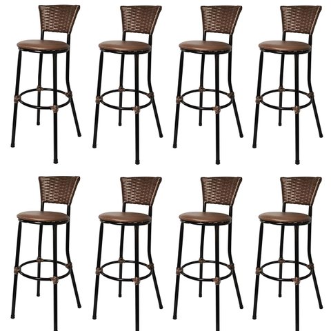 Kit 8 Banquetas Alta Encosto Junco Café Assento Marrom