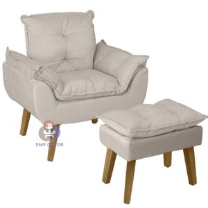 Poltrona Decorativa Opala e Puff Opala Suede Bege Smf Decor