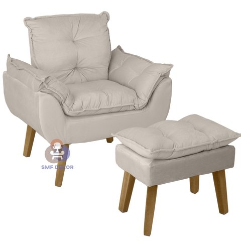 Poltrona Decorativa Opala e Puff Opala Suede Bege Smf Decor