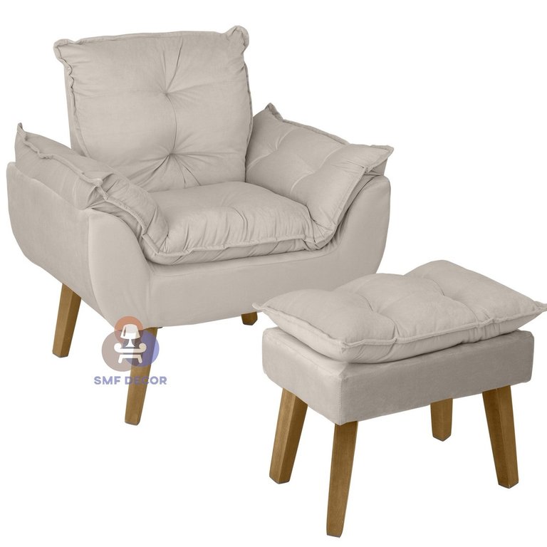 Poltrona Decorativa Opala e Puff Opala Suede Bege Smf Decor