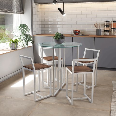 Conjunto Mesa 4 Cadeiras Imbuia Tampo Vidro Redondo Industrial White
