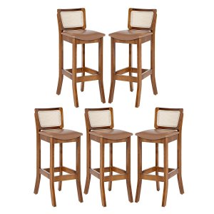 Kit 5 Banquetas em Madeira com Encosto Rattan Portugal Estofado Impermeável Caramelo L85 Rmi