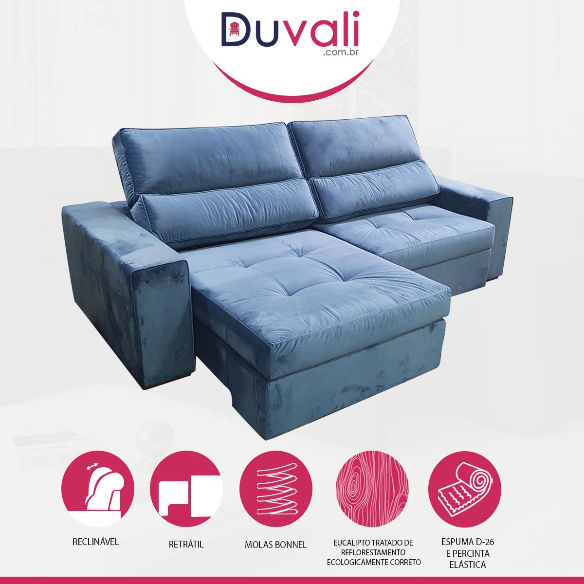 Sofá Retrátil Reclinável 4 Lugares Criciúma 240 Cm Pillow Veludo Azul