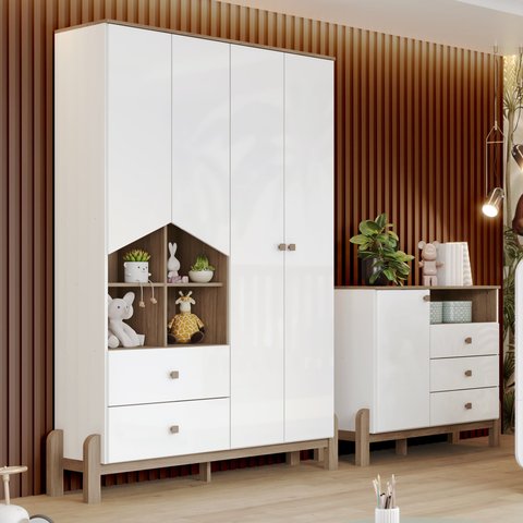 Conjunto Quarto de Bebê com Guarda-Roupa 4 Portas e Cômoda Ternura Branco/Jequitibá