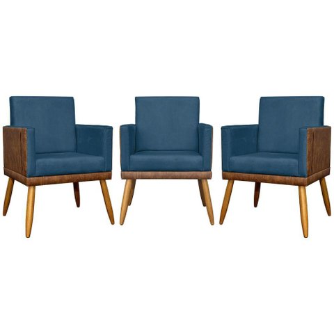 Kit 3 Poltronas Decorativas Lis Corino e Pé Palito - Azul-marinho Suede Corino