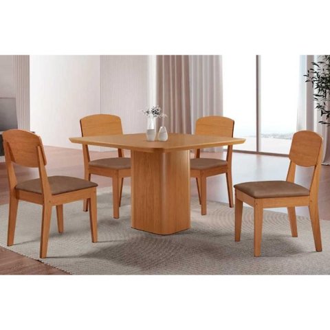 Conjunto: Mesa Sala Jantar Maldivas C/ Tampo Madeirado Canto Curvo 90x90cm e 4 Cadeiras Havana