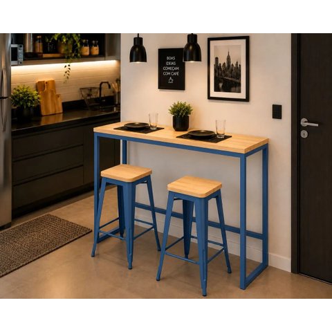 Mesa Jantar Aparador Bancada Alta Industrial 100x60cm Tampo Bege Pés Azul