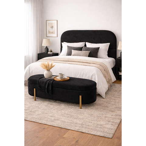 Kit Atenas Cabeceira de Cama Box Orgânica e Recamier Calçadeira Baú Queen 160 Cm Suede Preto Eli Móv
