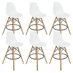 Kit 6 Banquetas Charles Eames Eiffel Wood Design Base Fixa Madeira - Branca
