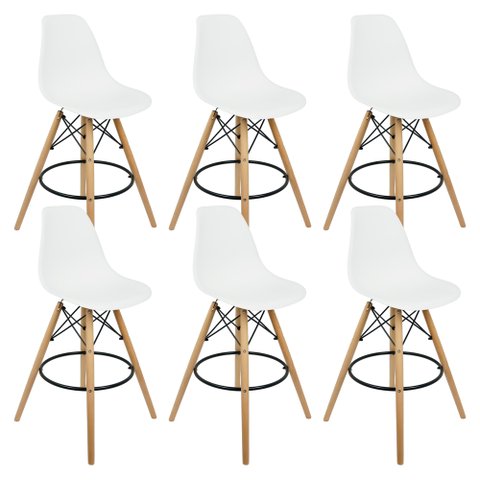 Kit 6 Banquetas Charles Eames Eiffel Wood Design Base Fixa Madeira - Branca