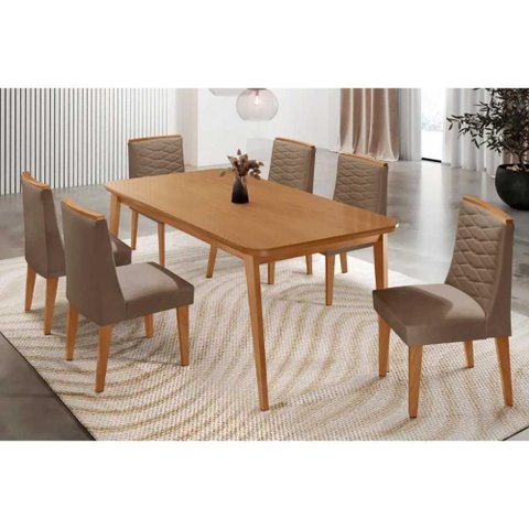 Sala de Jantar Completa Havana C/ Tampo Madeirado Canto Curvo 180x90cm e 6 Cadeiras Maldivas