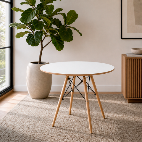 Mesa de Jantar Eiffel Redonda 90cm Branca com Pés de Madeira; Design Moderno para Cozinha e Sala