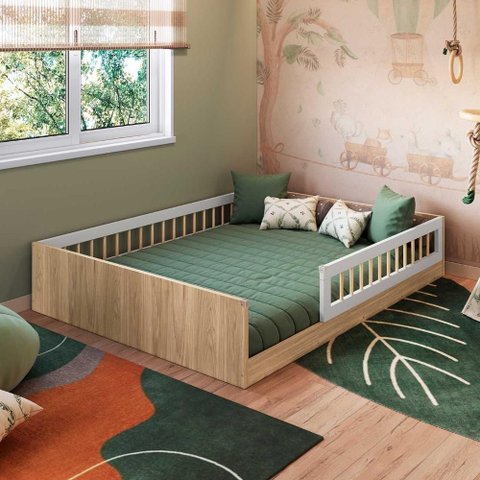 Cama Casal Montessoriana 145cm X 194cm para Quarto Infantil Cor:aveiro Oak com Branco