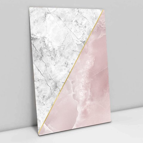 Quadro Decorativo em Canvas Geométrico Mármore Branco e Rosa TaColado Moldura Madeira 60 x 40cm