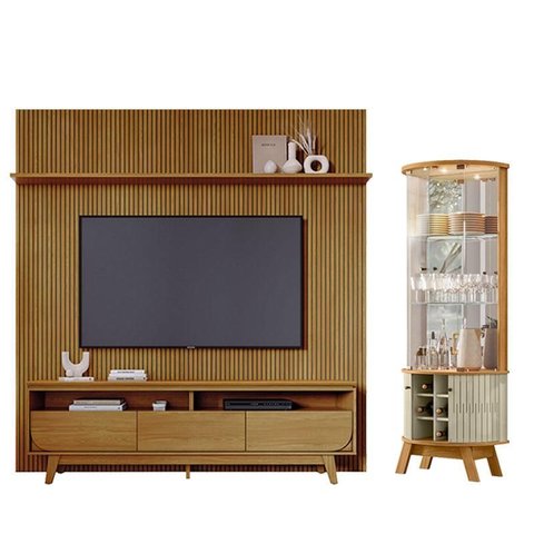 Estante Home Theater com Bancada Suspensa Luna com Cristaleira Marina Cumaru - Madetec