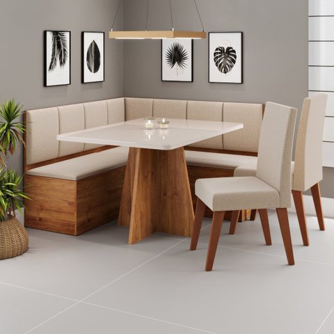 Conjunto Canto Alemão com Baú Mesa 120x77,8cm Tampo com Vidro e 2 Cadeiras Milão Bronze/Mel/Off Whit