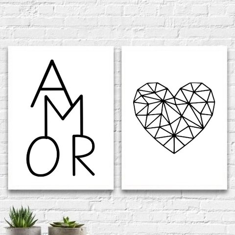 Kit 2 Quadros Minimalistas Geométricos Amor 24x18cm:Madeira branca