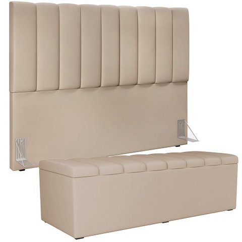 Kit Cabeceira Cama Box Casal King 195cm com Calçadeira Baú Dália W01 Suede Bege - Lyam Lyam Decor