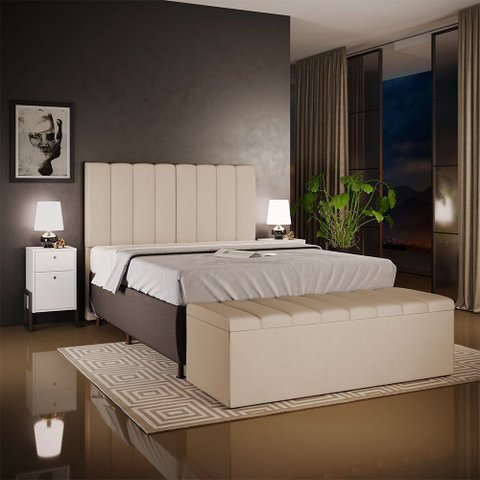 Kit Cabeceira Cama Box Casal King 195cm com Calçadeira Baú Dália W01 Suede Bege - Lyam Lyam Decor