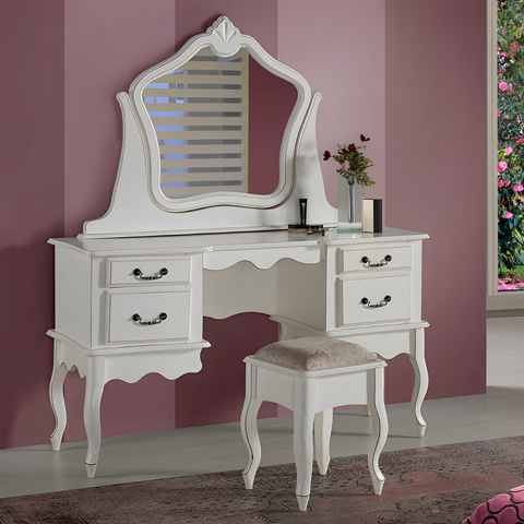 Conjunto de Penteadeira e Banqueta Clássica com Pés Luiz Xv - Branco Laca