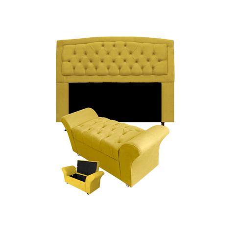 Cabeceira Geovana e Calçadeira Veneza Para Quarto Casal 140cm Suede Amarelo - LM DECOR
