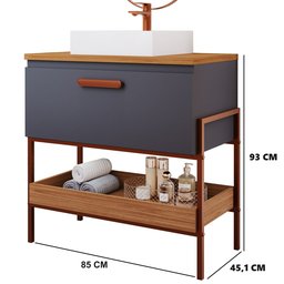 Gabinete de Banheiro com Cuba Portinari 1 Porta Titanium e Freijó 85 Cm - 2