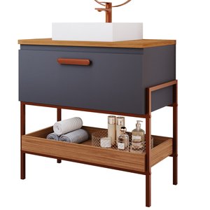 Gabinete de Banheiro com Cuba Portinari 1 Porta Titanium e Freijó 85 Cm