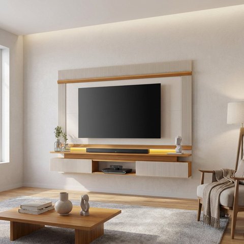 Painel para TV até 75 Polegadas com LED 100% MDF 167,2cm x 212,8cm Branco Off White/Freijó Trend